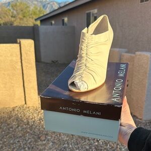 Antonio Melani Tan Ruched Peep-Toe Heels